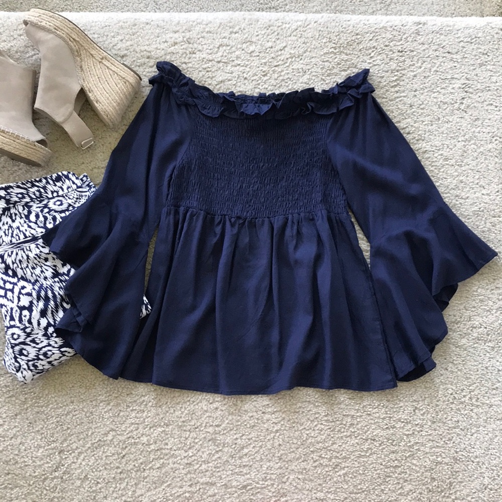 Navy Off the Shoulder Top - Picture 3 of 7